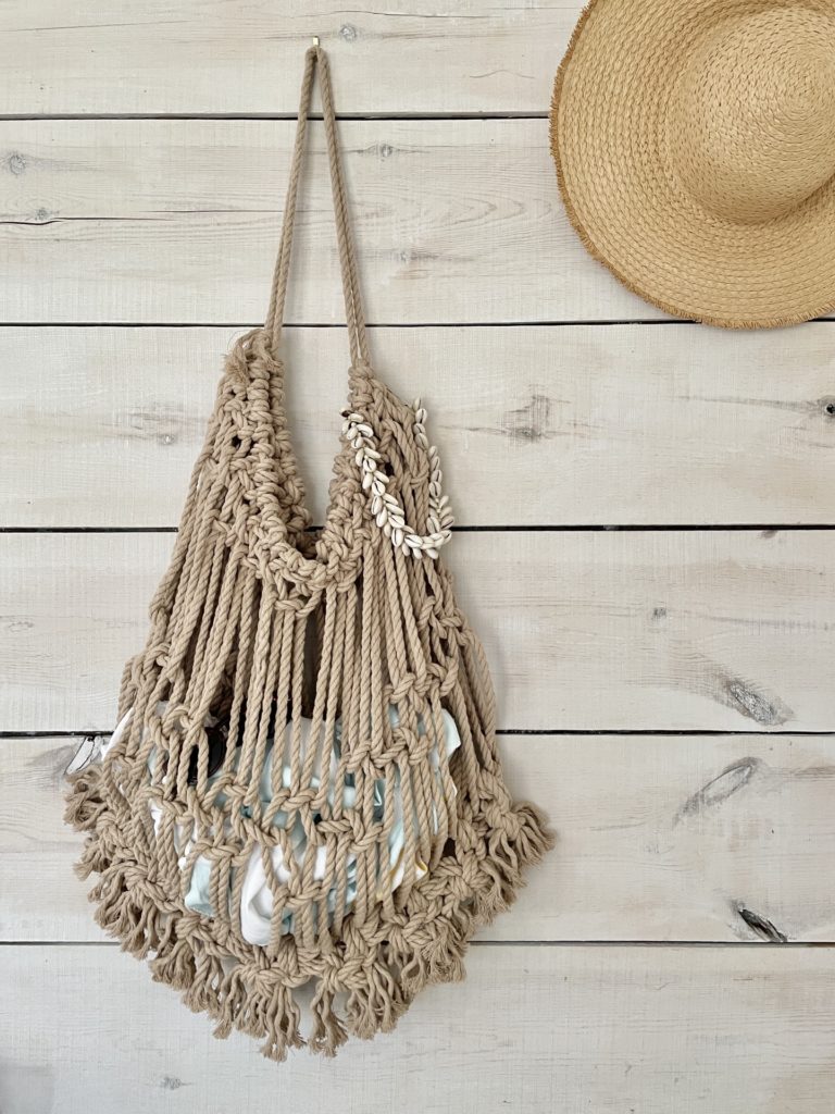 Large Macrame Brach Bag with beach towels inside and shells