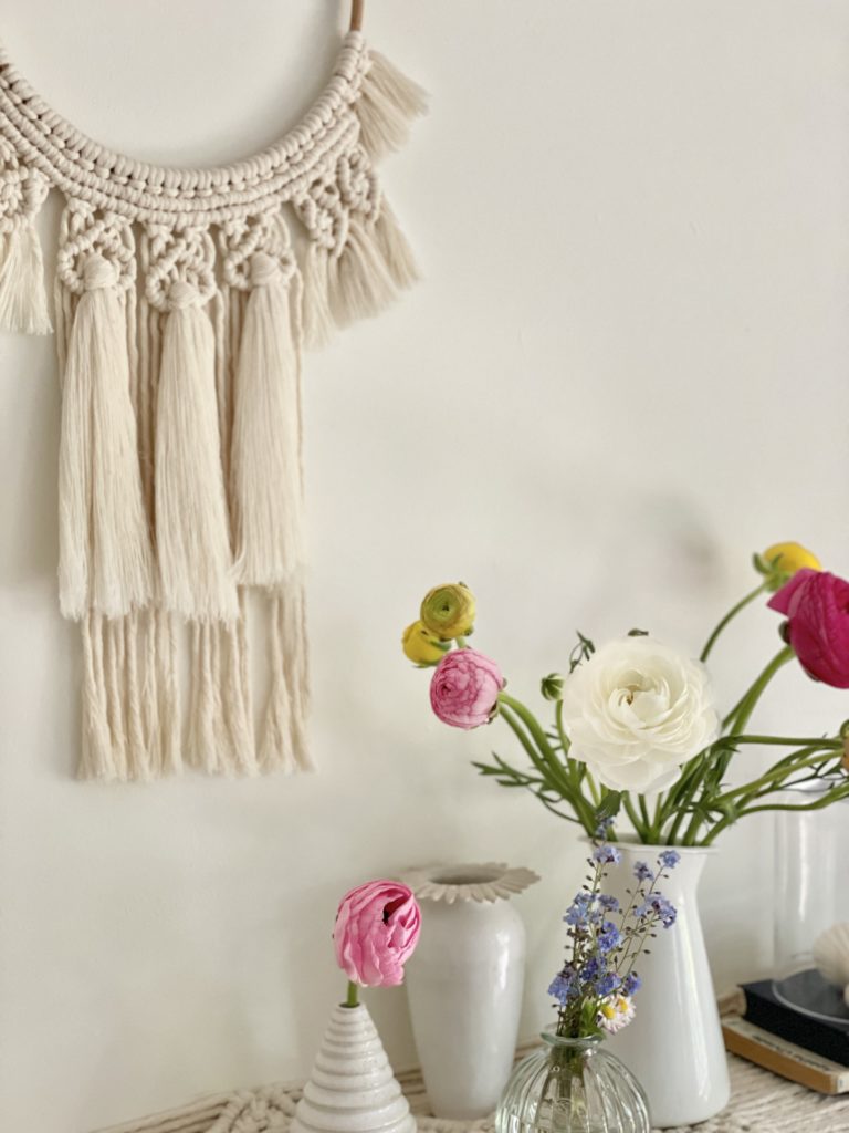 Details of Flowers and macrame wreath with flowers