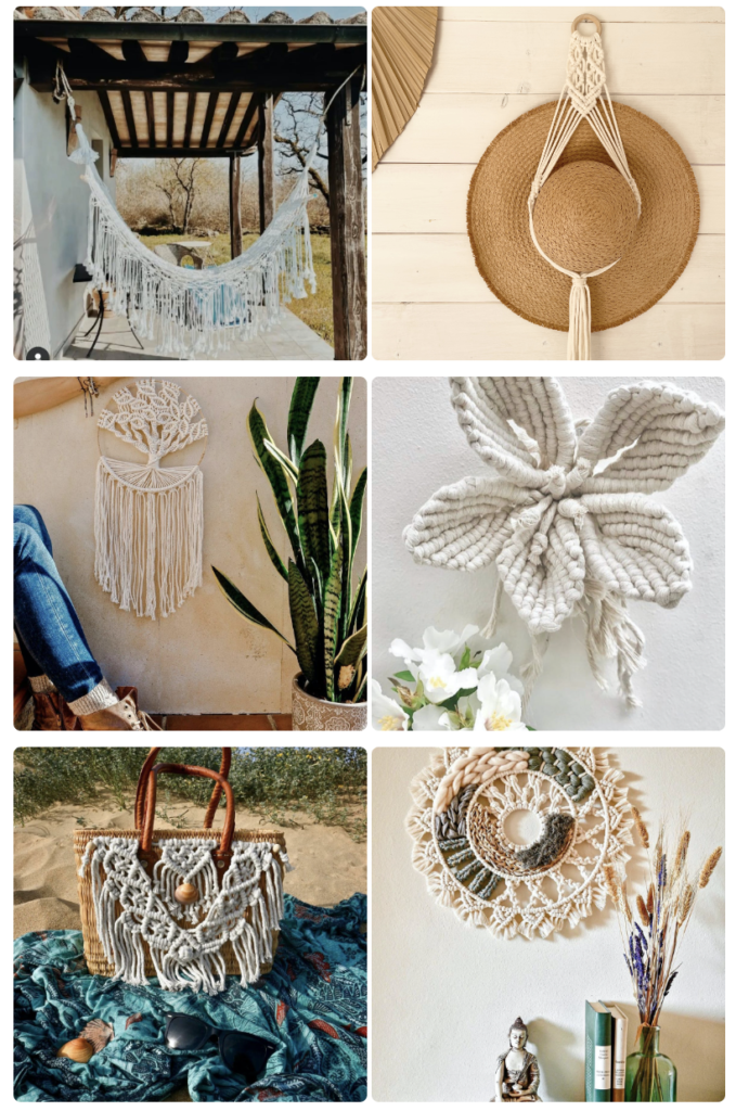 Macrame projects, including macrame hammock, macrame hat holder, macrame beach bag, macrame tree of life and macrame flowers