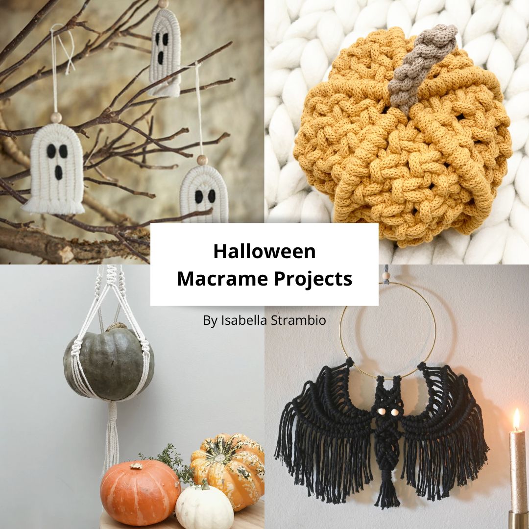 Macrame ghost, pumpkin, hanger and bat