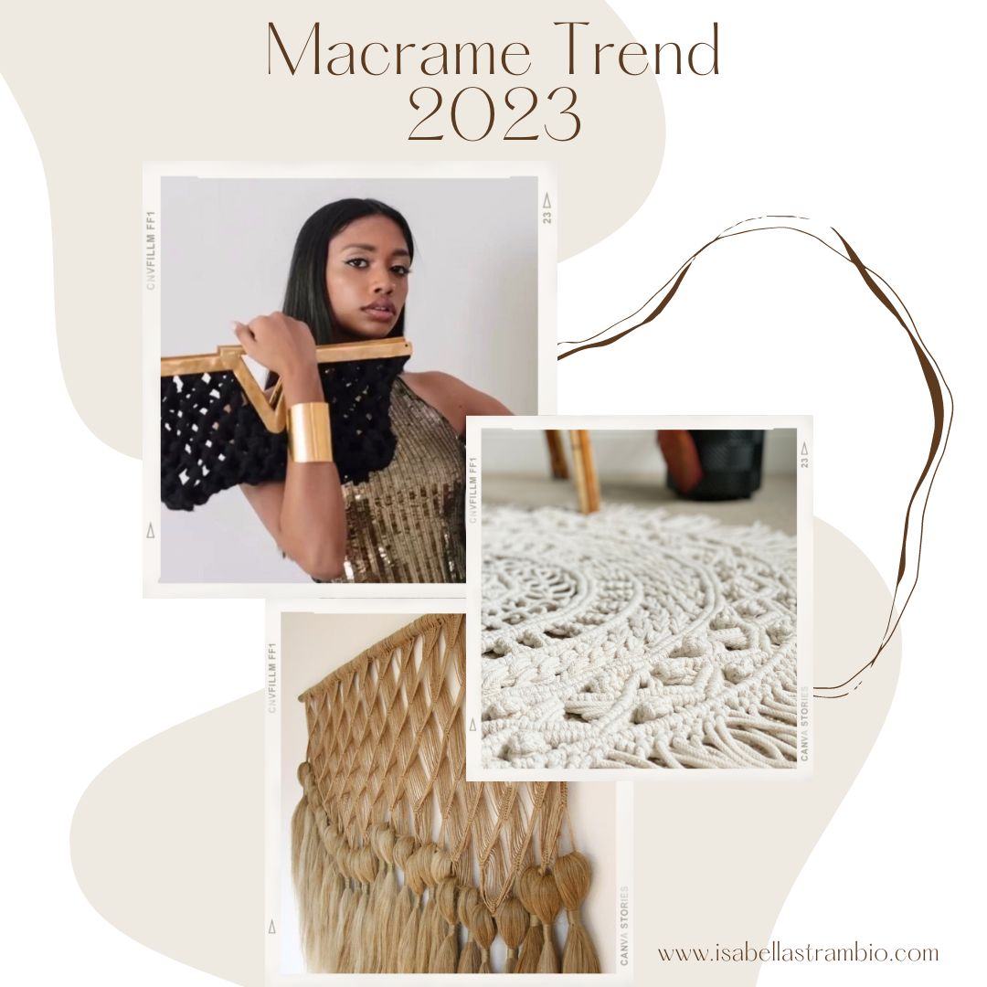 Macrame Trend 2023 showing a macrame black clutch a macrame rug and a macrame wall hanging in natural fibre