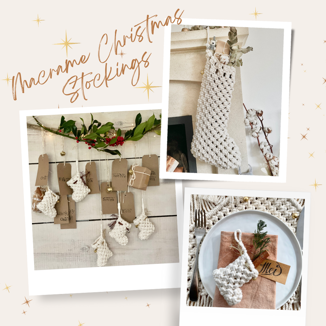 pictures displaying 3 ways of using christmas stockings made of macrame